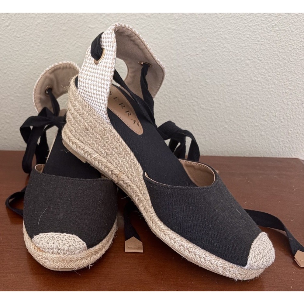 Serra Espadrilles Wedge Sandals Women 7 Black Lace Up Canvas Jute Summer Boho